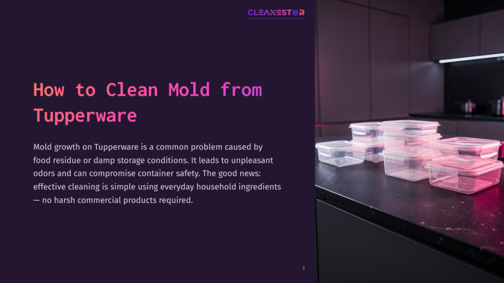 A Dark Countertop Displays Several Clear Plastic Food Storage Containers, Some With Pink And Purple Lighting. The Text &Quot;How To Clean Mold From Tupperware&Quot; Is Overlaid On A Dark Purple Background On The Left.