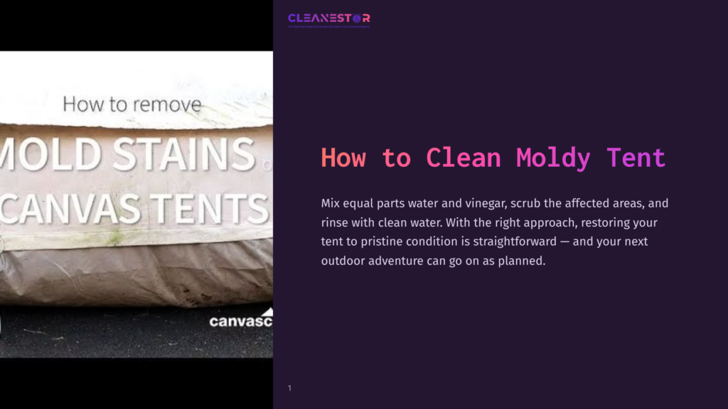 A Close-Up Of A Moldy Canvas Tent With The Text &Quot;How To Remove Mold Stains Canvas Tents&Quot; Overlaid. The Right Side Of The Image Features Text About Cleaning Moldy Tents With Vinegar And Water.