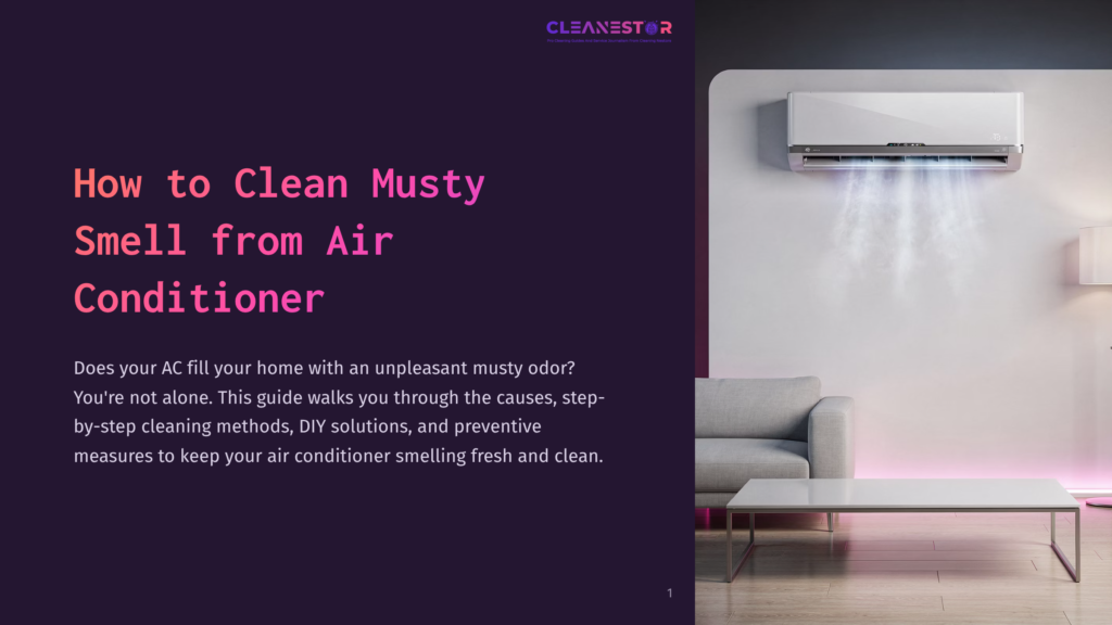 A Modern Living Room With A White Sofa And Coffee Table, Featuring A Wall-Mounted Air Conditioner Blowing Cool, Misty Air. The Text &Quot;How To Clean Musty Smell From Air Conditioner&Quot; Is Prominently Displayed.