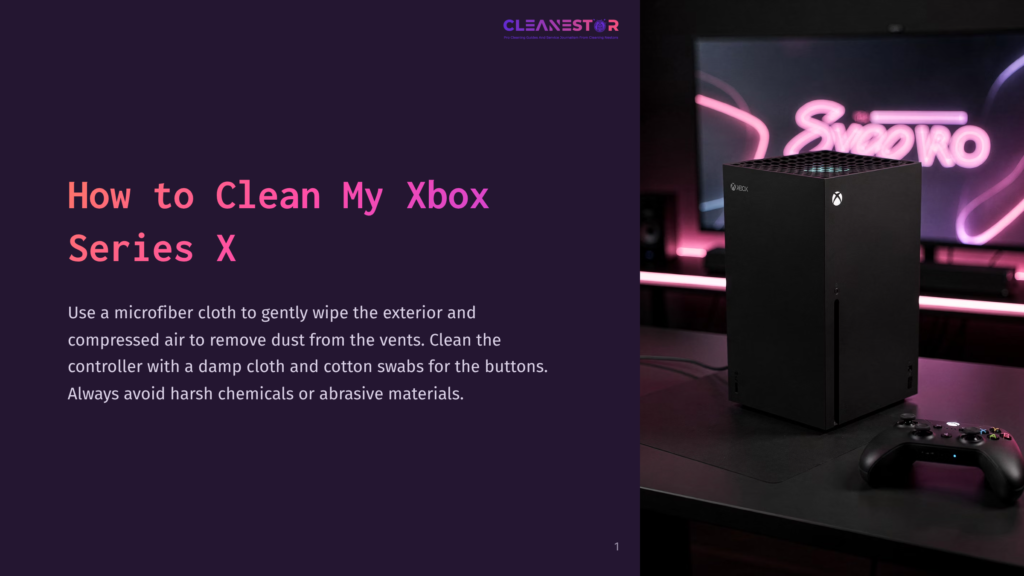 A Black Xbox Series X Console On A Dark Surface, With A Controller Beside It; Background Features Soft Pink Lighting And Tech Decor.