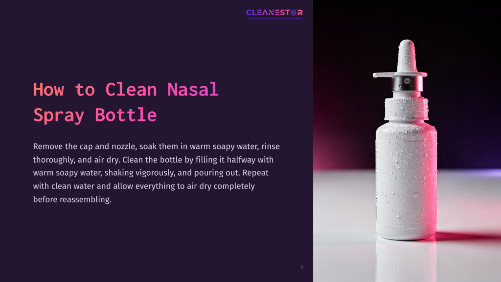 A White Nasal Spray Bottle With A Blue Cap And Nozzle Sits On A Reflective Surface, Covered In Water Droplets. The Background Is Dark With A Pinkish-Purple Glow. The Text &Quot;How To Clean Nasal Spray Bottle&Quot; Is Visible On The Left.