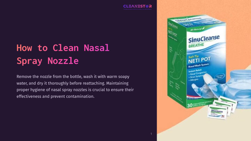 A Green Sinucleanse Neti Pot Box Beside A Nasal Spray Nozzle And Cleaning Wipes On A Pink Background, Emphasizing Proper Hygiene.