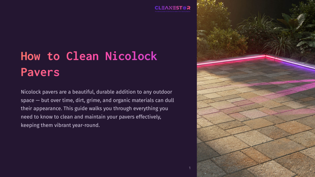 Cleanestor Logo At The Top Of A Dark Purple Slide With White Text That Reads &Quot;How To Clean Nicolock Pavers&Quot;. Below The Text, A Description Of Nicolock Pavers Is Provided. The Right Side Of The Slide Features A Sunlit Patio With Nicolock Pavers And Colorful Led Lighting.