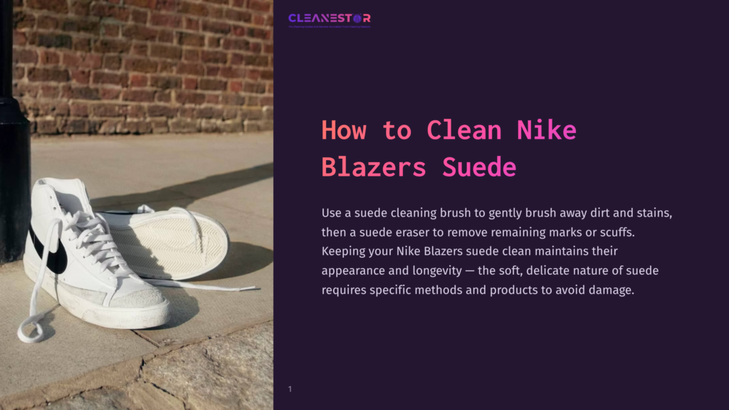 A Pair Of White Nike Blazers Shoes Rests On A Brick Surface, With A Cleaning Brush Nearby, Highlighting Suede Care Essentials.