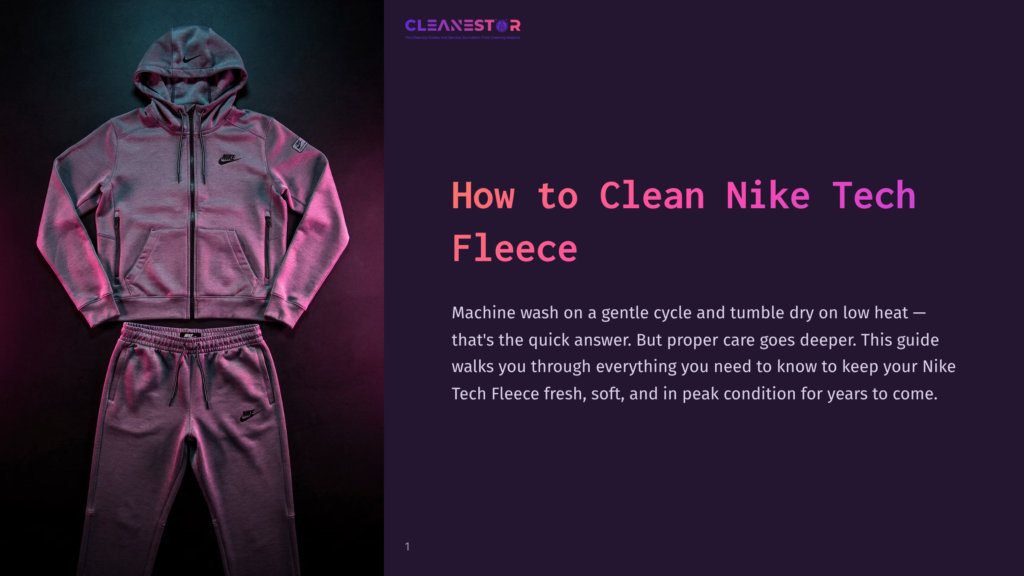 1 How To Clean Nike Tech Fleece A Grey Nike Tech Fleece Hoodie And Sweatpants Set Is Displayed On A Dark Background, Illuminated By Pink And Blue Neon Lights. The Text &Quot;How To Clean Nike Tech Fleece&Quot; Is Prominently Displayed.
