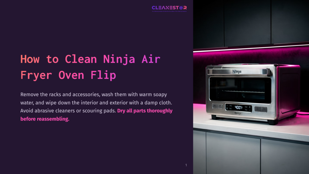 A Silver Ninja Air Fryer Oven Flip Sits On A Clean White Countertop, Displaying &Quot;400°F&Quot; On Its Digital Screen. The Oven Is In A Modern Kitchen With A Dark, Reflective Backsplash And A Vibrant Pink Led Light Strip Above.