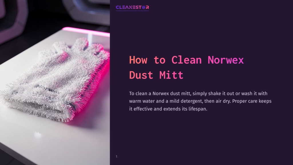 1 How To Clean Norwex Dust Mitt A Fluffy White Norwex Dust Mitt Rests On A White Surface, With A Pink Led Light Illuminating Its Fibers. The Image Includes The Text &Quot;Cleanestor&Quot; And &Quot;How To Clean Norwex Dust Mitt&Quot;.
