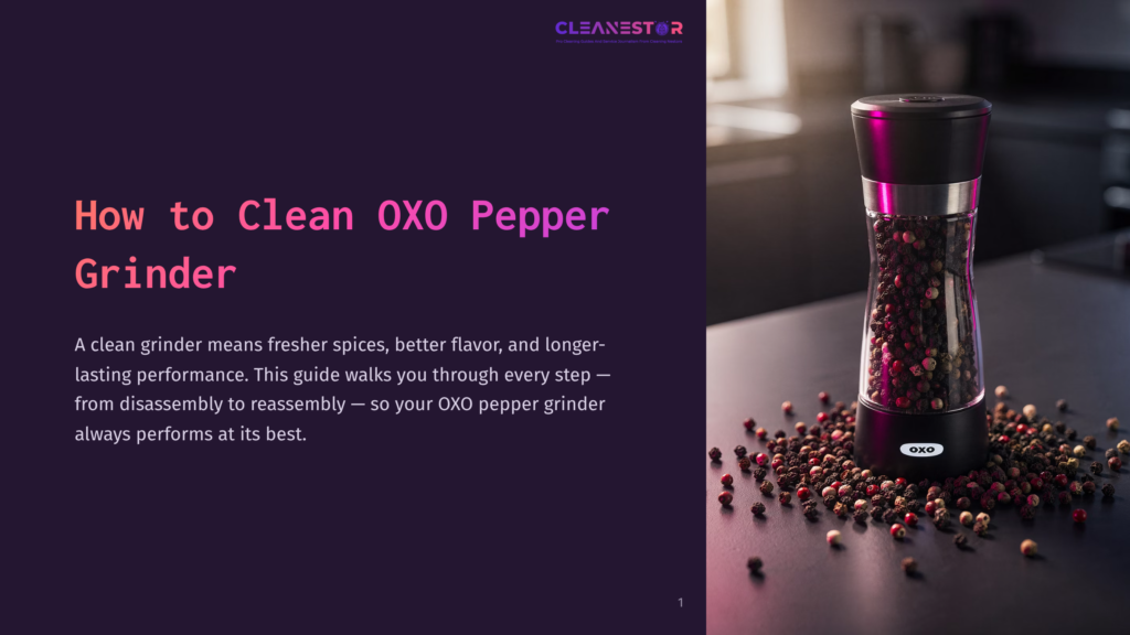 A Black Oxo Pepper Grinder Filled With Peppercorns Sits On A Dark Countertop Surrounded By Scattered Black And Red Peppercorns. The Title &Quot;How To Clean Oxo Pepper Grinder&Quot; Is Displayed On The Left.