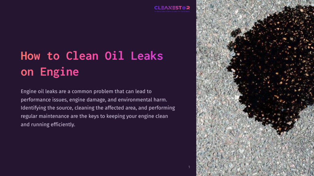 A Dark, Viscous Engine Oil Leak Stains The Textured Grey Asphalt. The Text &Quot;How To Clean Oil Leaks On Engine&Quot; Is Overlaid In A Vibrant Pink And Purple Gradient.