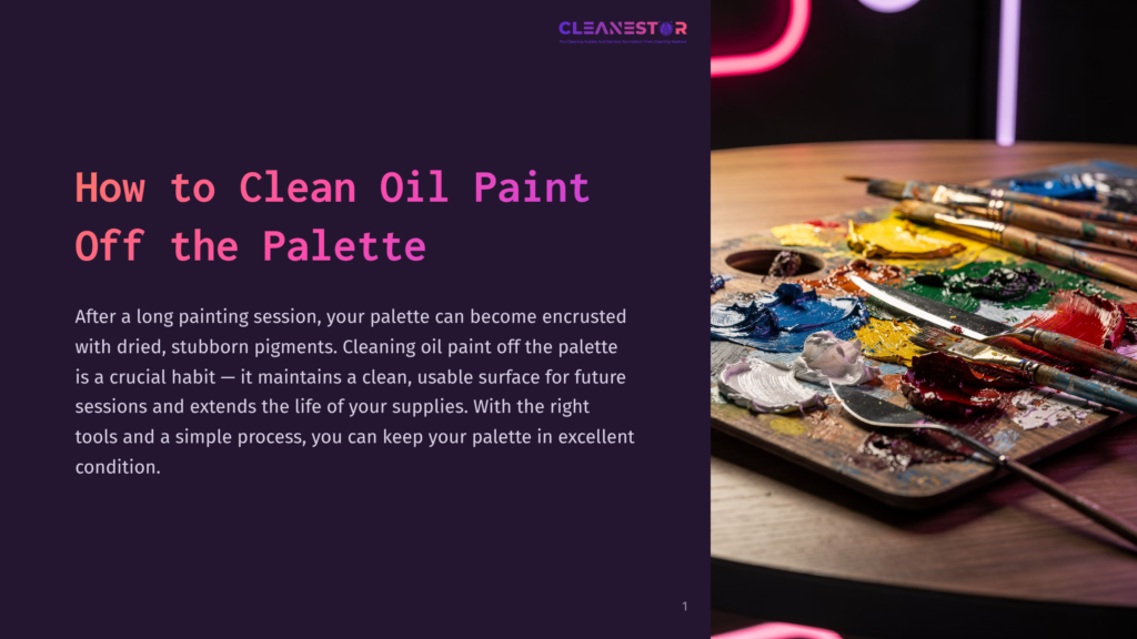 A Close-Up Of A Wooden Artist'S Palette Covered In Vibrant, Thick Oil Paints And Well-Used Paintbrushes, With The Text &Quot;Cleanestor&Quot; And &Quot;How To Clean Oil Paint Off The Palette&Quot; Visible On The Left.