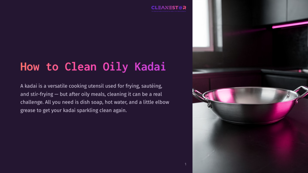 A Shiny, Stainless Steel Kadai On A Black Countertop With Soft Purple Lighting In The Background, Suggesting A Modern Kitchen Setting.