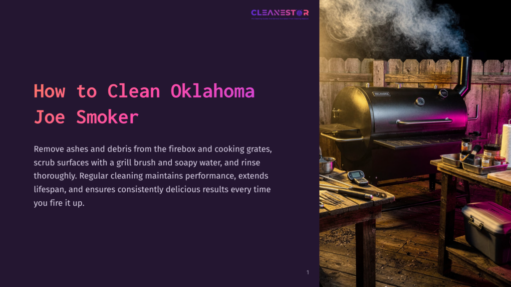 A Black Oklahoma Joe Smoker Sits Beside A Wooden Table With Cleaning Tools, Against A Rustic Wooden Backdrop And Glowing Embers.