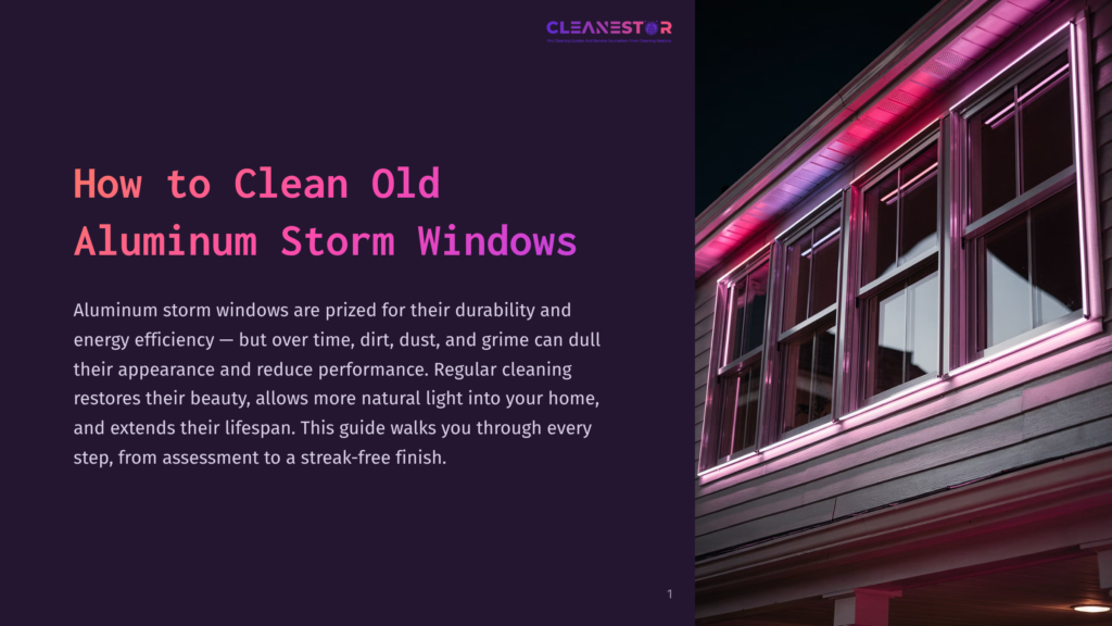 1 How To Clean Old Aluminum Storm Windows 1 Exterior View Of A House At Night With Clean Aluminum Storm Windows Illuminated By Pink And Purple Neon Lights. The Text &Quot;How To Clean Old Aluminum Storm Windows&Quot; Is Overlaid On A Dark Purple Background.