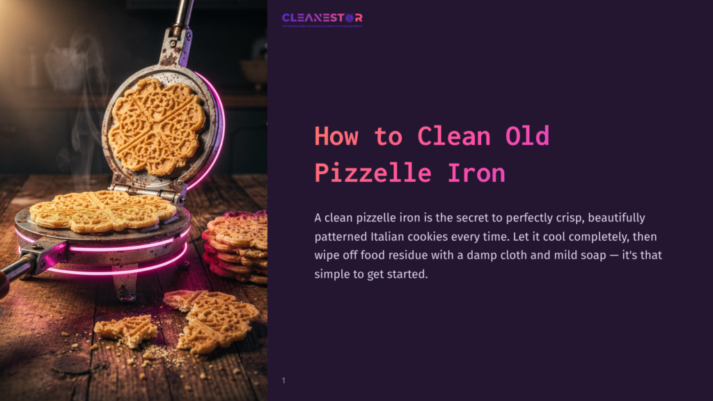 A Vintage Pink Pizzelle Iron Is Open, Steaming And Cooking Golden Pizzelles. A Stack Of Freshly Baked Pizzelles Sits To The Right, With Crumbs Scattered On The Wooden Surface. Text Overlay Reads: &Quot;Cleanestor - How To Clean Old Pizzelle Iron&Quot;.