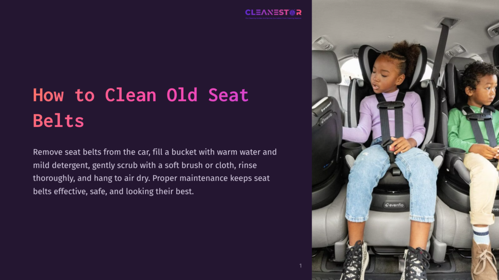 A Child Seated In A Car With A Seat Belt, Demonstrating Proper Positioning, Against A Dark Purple Background With Cleaning Instructions.