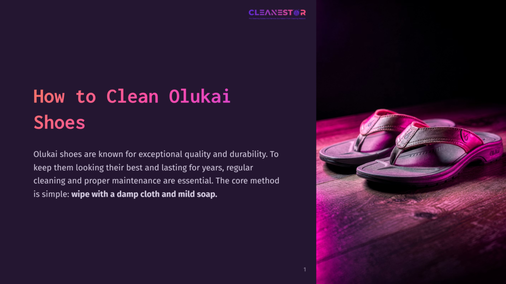 Close-Up Of Olukai Flip-Flops On A Dark Wooden Surface, Illuminated By Vibrant Pink And Purple Light. The Text &Quot;How To Clean Olukai Shoes&Quot; Is Visible On The Left.