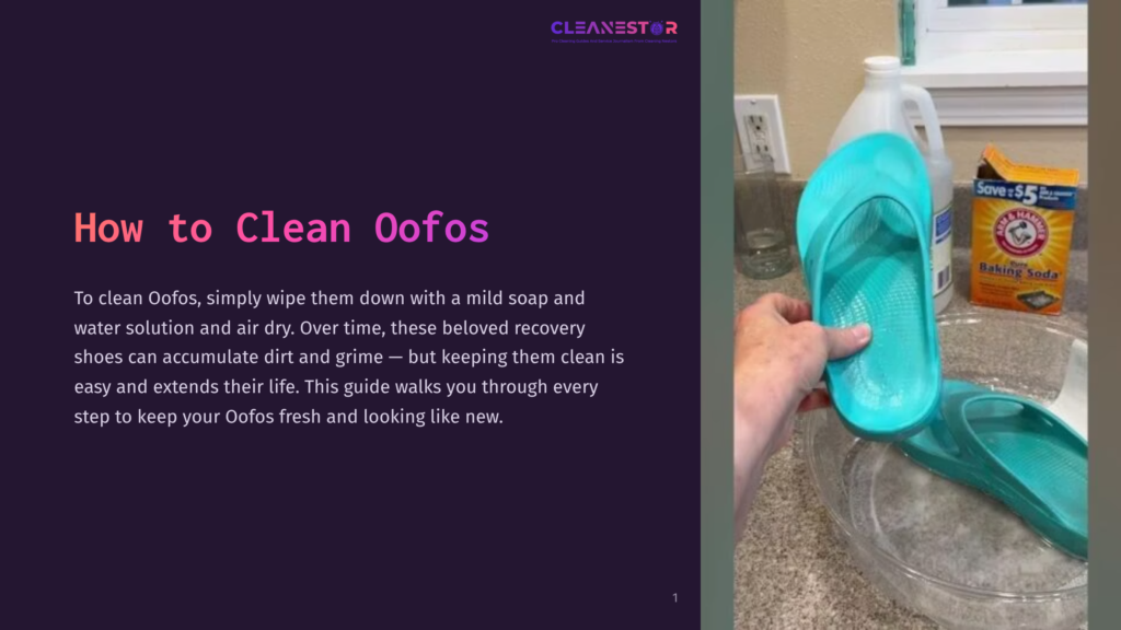 A Hand Holds A Teal Oofos Sandal Above A Sink Filled With Water, Set Against A Dark Purple Background.