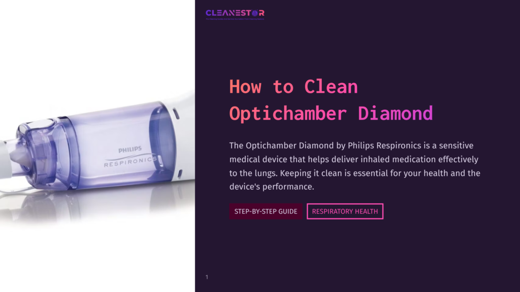Close-Up Of A Philips Respironics Optichamber Diamond Valved Holding Chamber With A Purple And White Design, Sitting On A White Surface.