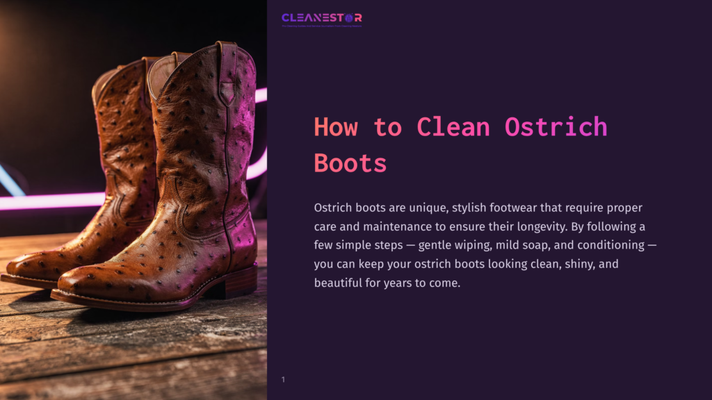 A Pair Of Rich Brown Ostrich Leather Cowboy Boots With A Distinctive Textured Pattern Rest On A Rustic Wooden Surface, Illuminated By Soft Purple Lighting.