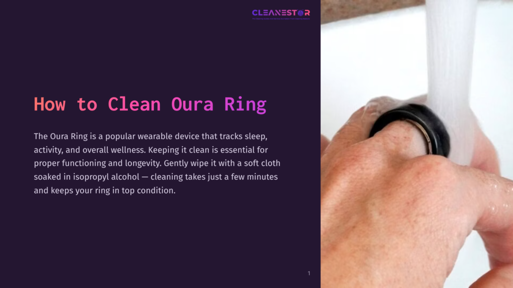 A Close-Up Of A Hand Cleaning A Black Oura Ring Under Running Water, With Text About Care Instructions On The Left.