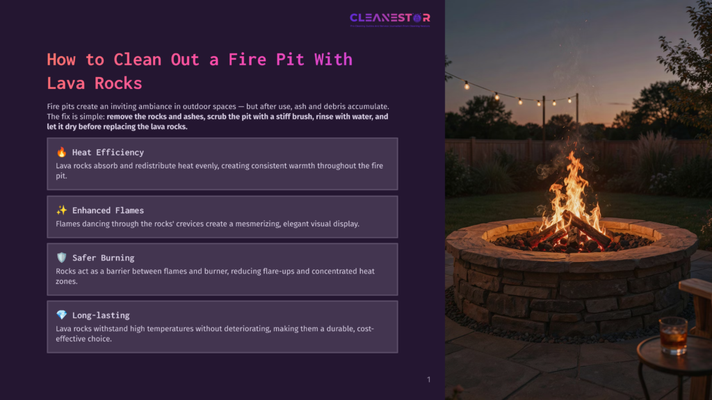 A Glowing Outdoor Fire Pit Filled With Lava Rocks Crackles At Dusk, With String Lights Creating A Warm Ambiance In The Background.