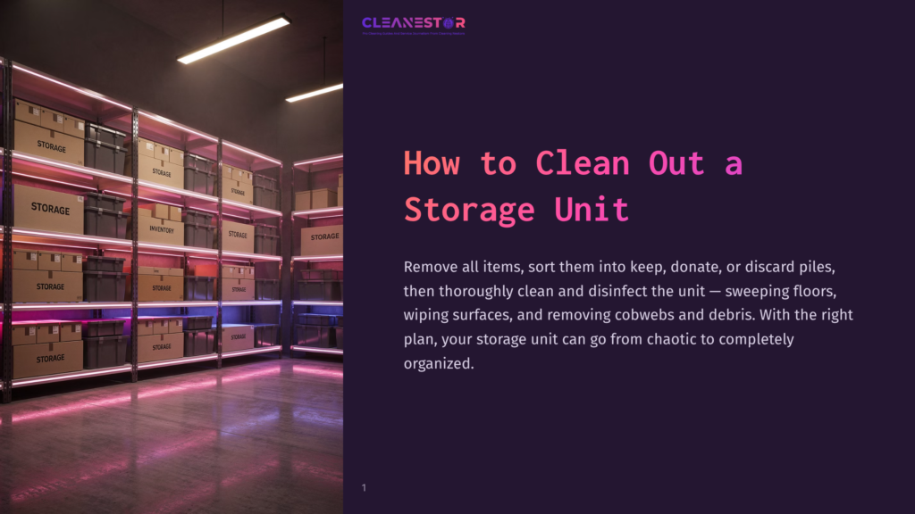 Rows Of Neatly Stacked Storage Boxes On Shelves In A Brightly Lit, Organized Storage Unit. The Text &Quot;Cleanestor&Quot; Is Visible At The Top.