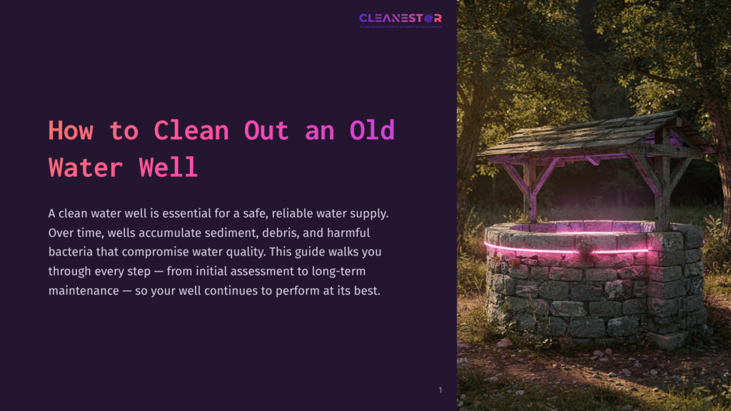 Cleanestar: How To Clean Out An Old Water Well.&Quot; A Stone Well With A Wooden Roof Is Illuminated By Pink Neon Lights, Surrounded By A Lush, Green Forest At Dusk.