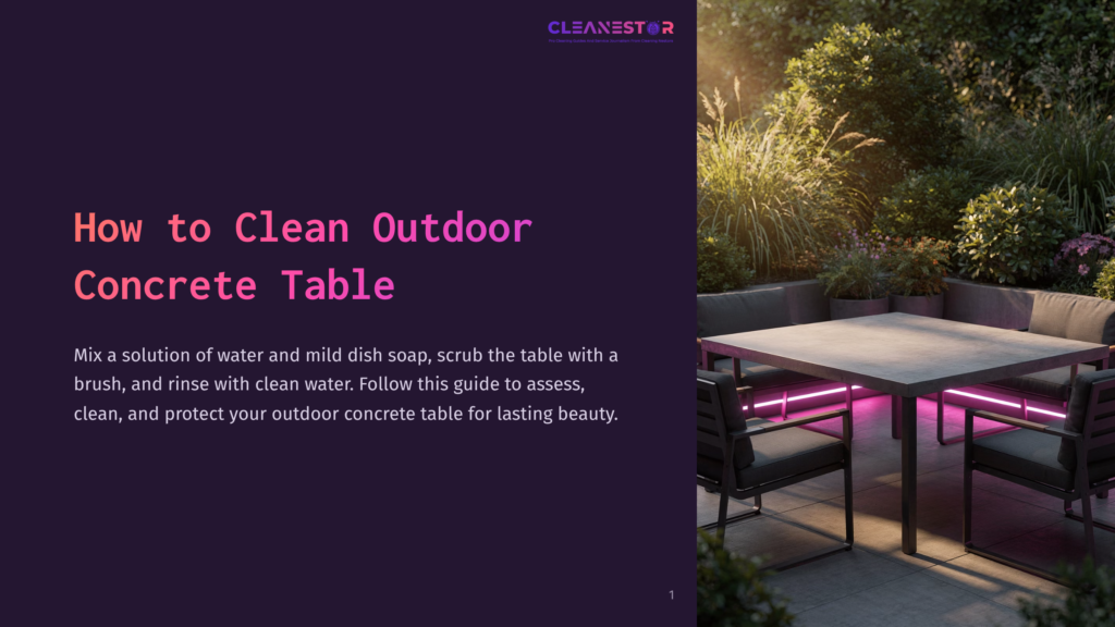 A Sleek Outdoor Concrete Table Surrounded By Stylish Chairs, Set Against A Lush Garden Backdrop; Soft Lighting Highlights The Scene.