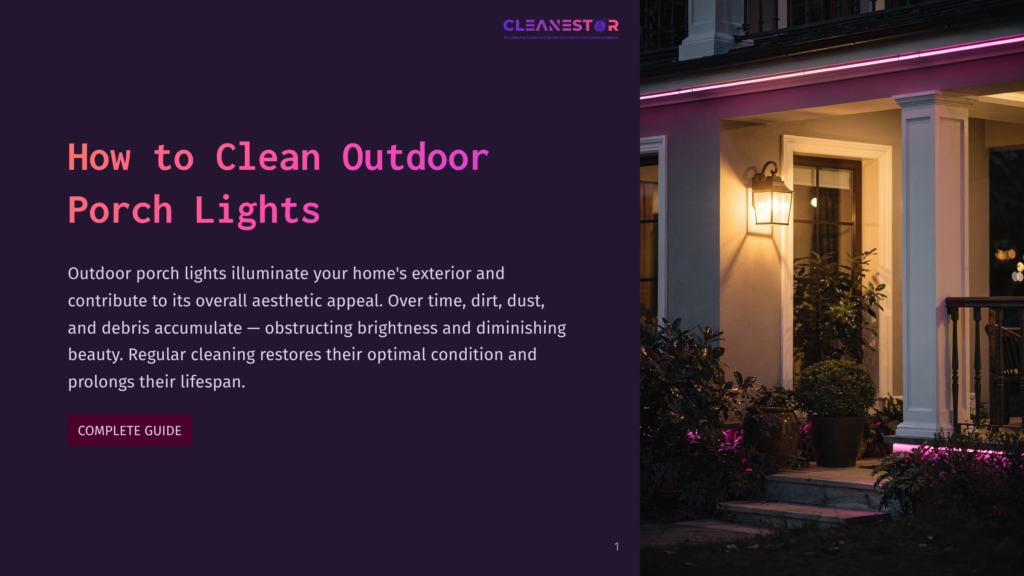 Front Porch Lights On A Home, Illuminated With Pink Led Strip Lights, With A Traditional Lantern Light Fixture Above The Door. Text Overlay: &Quot;How To Clean Outdoor Porch Lights.