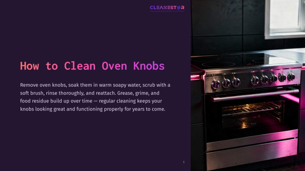 Stainless Steel Oven With Illuminated Knobs, Black Countertop, And A Purple Background. Text Instructions For Cleaning Visible.