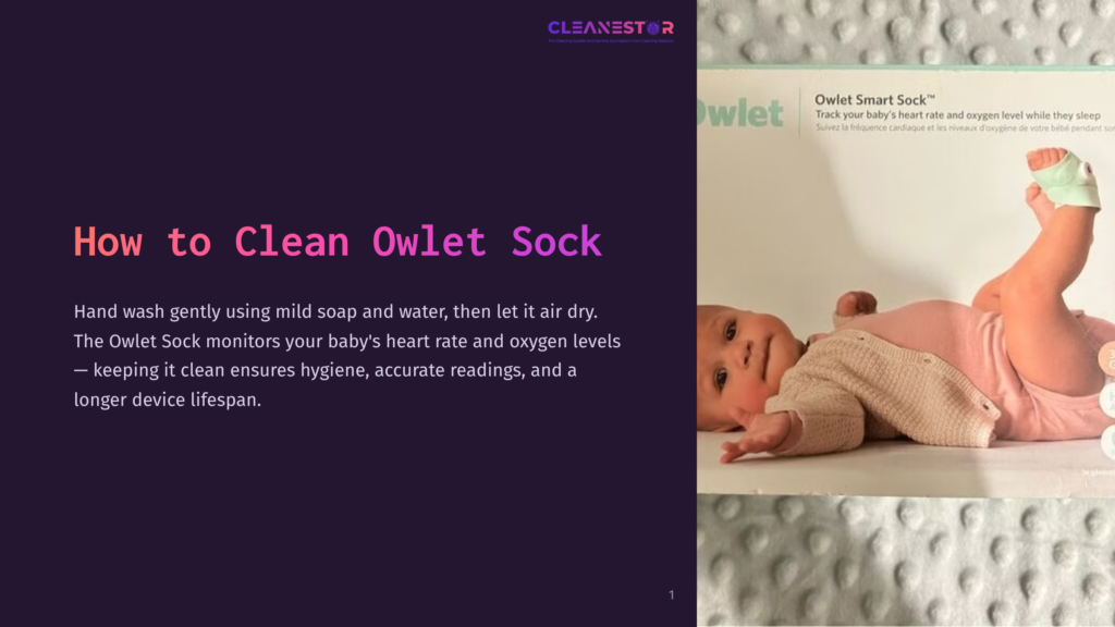 A Baby Lying On A Textured Surface, Wearing An Owlet Sock On One Foot. The Sock Is Pink, While The Background Is Light Grey.
