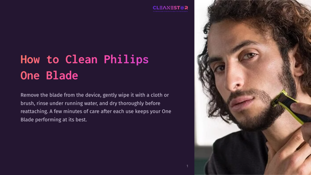 A Person With Curly Hair Using A Philips One Blade On Their Face, With A Purple And White Background, Emphasizing Maintenance Tips.
