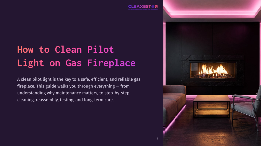 1 How To Clean Pilot Light On Gas Fireplace A Modern Living Room With A Black Gas Fireplace, A Grey Sofa, And A Grey Armchair, Bathed In The Soft Glow Of Pink Led Lighting. The Text &Quot;Cleanestor&Quot; And &Quot;How To Clean Pilot Light On Gas Fireplace&Quot; Is Visible.