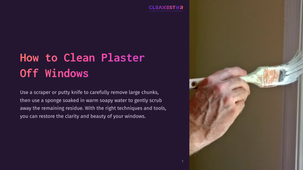 A Person Using A Putty Knife To Scrape Plaster From A Window, With A Close-Up Of The Action Against A Purple Background.