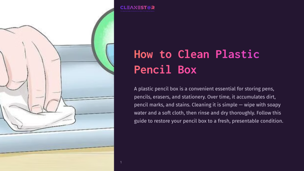 A Hand Wipes A Plastic Pencil Box With A Cloth, Demonstrating Cleaning. The Background Is A Light Color, And The Pencil Box Is Light Blue.