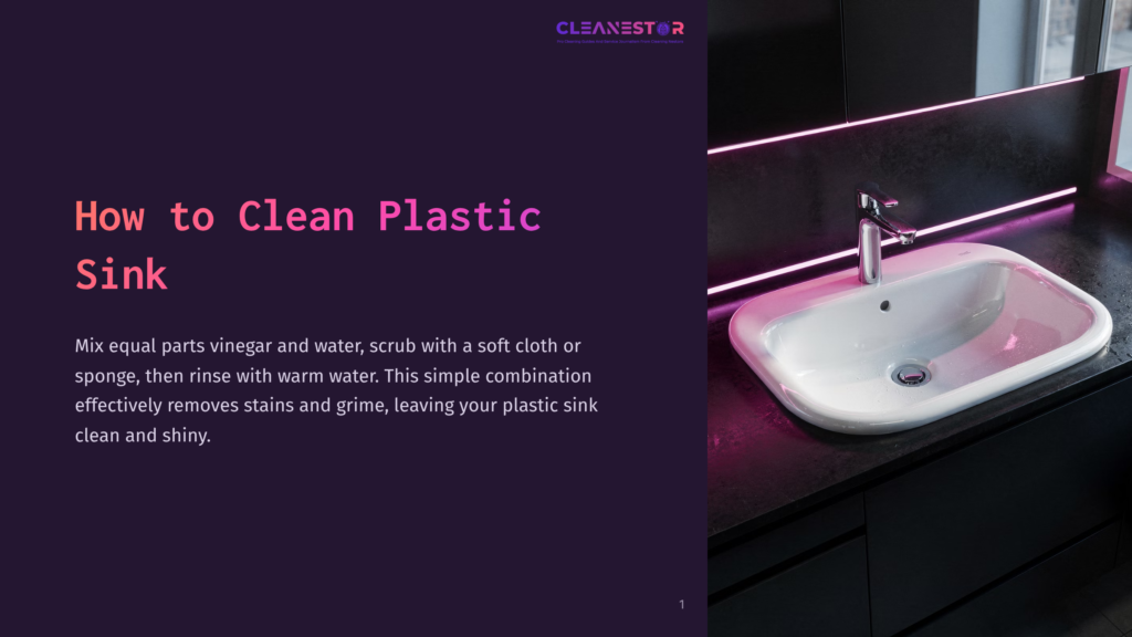A Clean White Sink With A Modern Chrome Faucet Sits On A Dark Countertop, Illuminated By Bright Pink Neon Lights. The Text &Quot;How To Clean Plastic Sink&Quot; Is Overlaid In Large White And Purple Font.