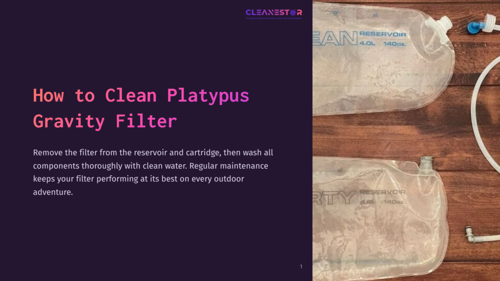 1 How To Clean Platypus Gravity Filter A Platypus Gravity Filter Alongside Its Clean Reservoir And Cartridge, Set Against A Dark Background With Instructional Text.