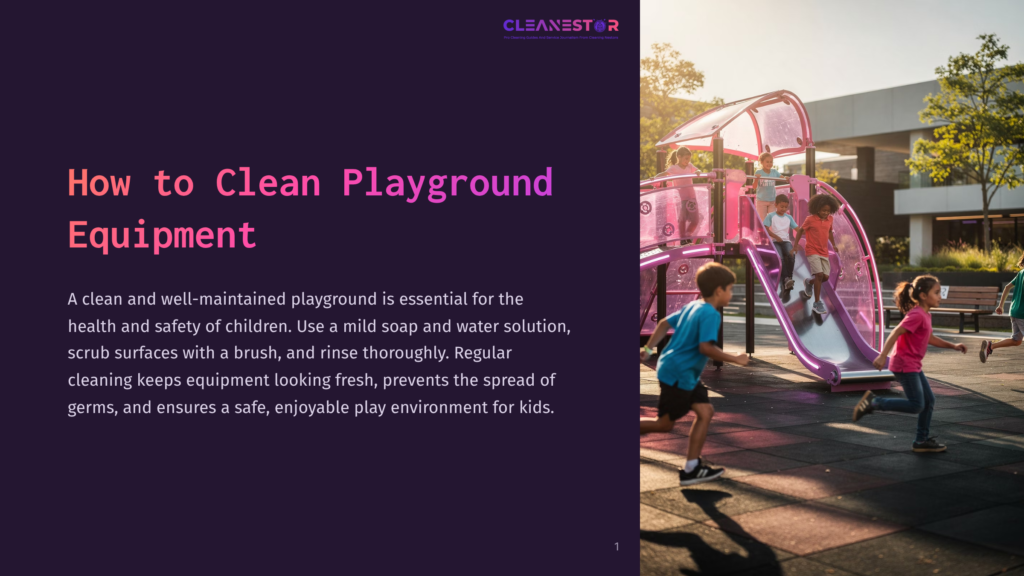 1 How To Clean Playground Equipment Children Play On A Colorful Playground Slide, With Text On The Left Reading &Quot;How To Clean Playground Equipment.