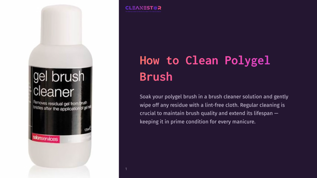 A Bottle Of Gel Brush Cleaner, Predominantly White With Black And Pink Labeling, Positioned On A Dark Purple Background.
