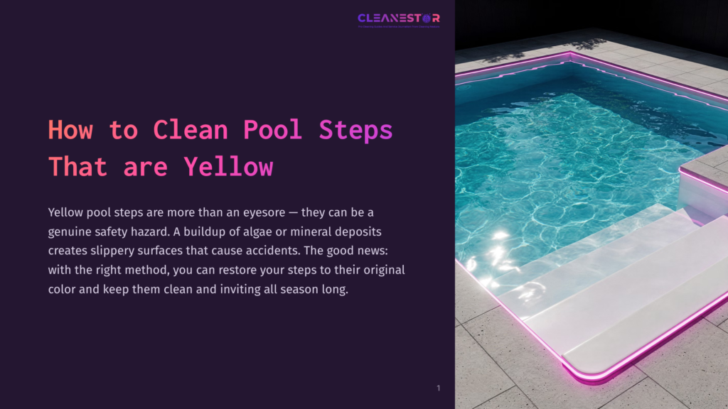 A Modern Swimming Pool With Glowing Pink Lights And Clean White Steps. The Text &Quot;Cleanestor&Quot; Is Visible At The Top.