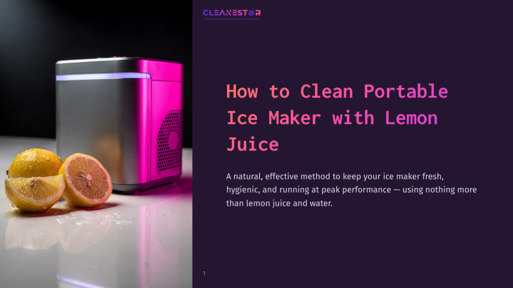 1 How To Clean Portable Ice Maker With Lemon Juice Cleanestor Portable Ice Maker With Pink Led Lighting, Next To Two Halved Lemons On A Wet, Reflective Surface.