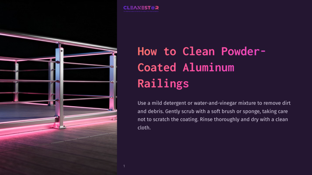 A Modern Aluminum Railing Highlighted With Pink Led Lights, Resting On A Wooden Deck, With A Tips Section On Cleaning Method.