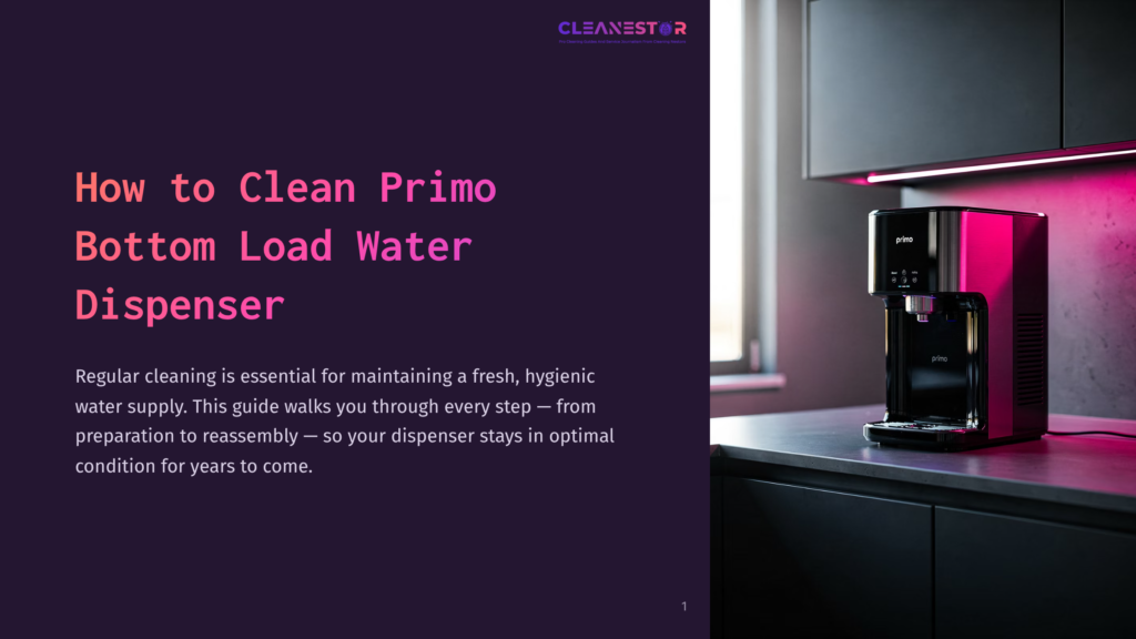 1 How To Clean Primo Bottom Load Water Dispenser A Sleek Black Water Dispenser With A Pink Accent On A Modern Kitchen Counter, Illuminated By Natural Light From A Window.