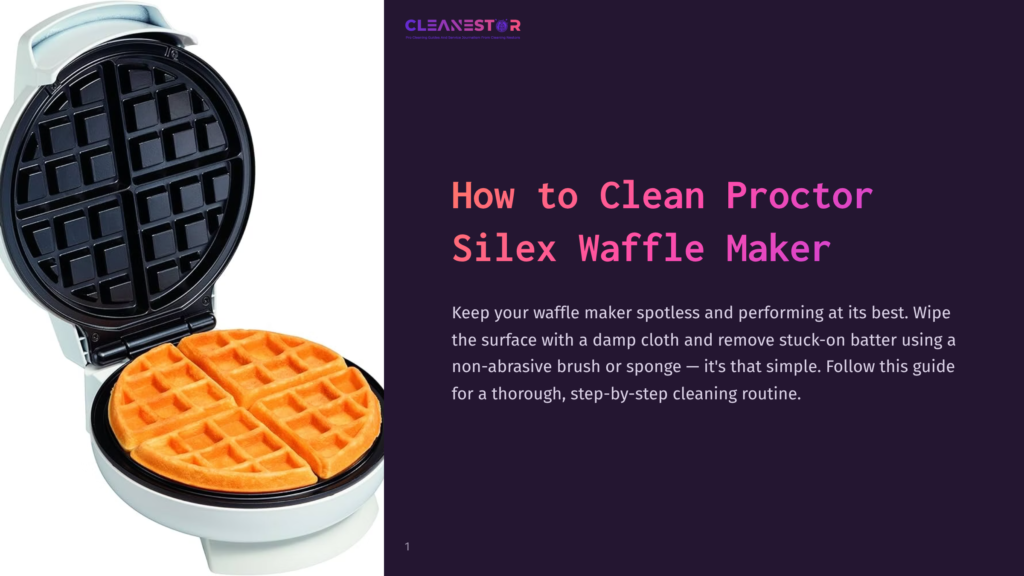Black Waffle Maker With Open Lid Revealing A Golden-Brown Waffle Inside, Set Against A White Background With Purple Text.
