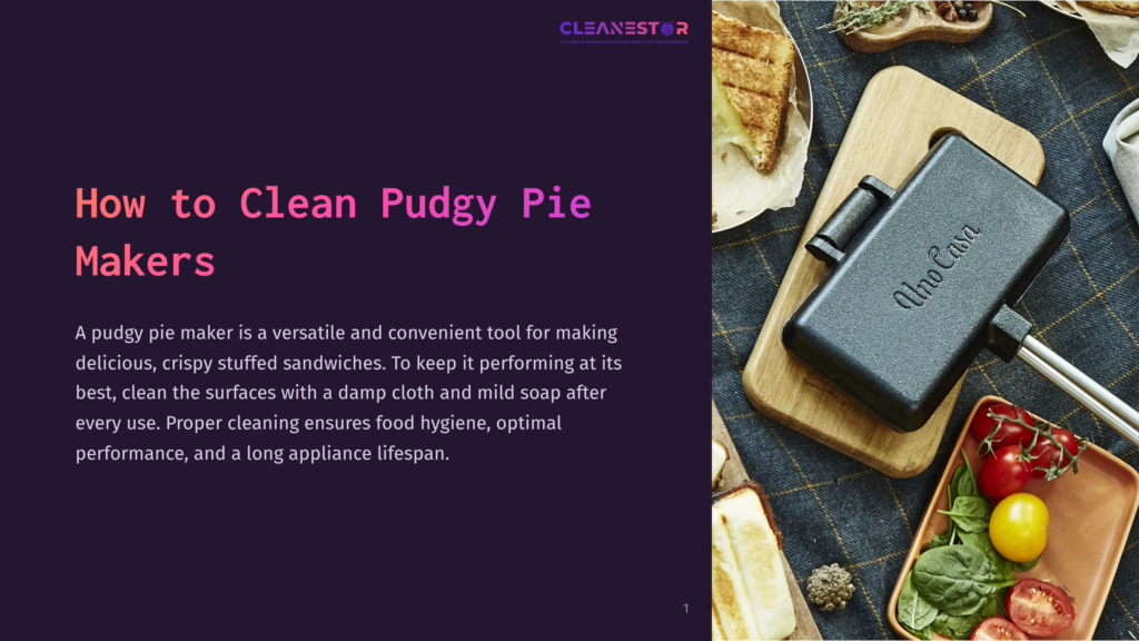 A Black Pudgy Pie Maker With &Quot;Uno Casa&Quot; Branding Sits On A Wooden Board, Surrounded By Ingredients Like Cherry Tomatoes, Spinach, And A Sandwich. &Quot;How To Clean Pudgy Pie Makers&Quot; Is Displayed Prominently On A Purple Background.