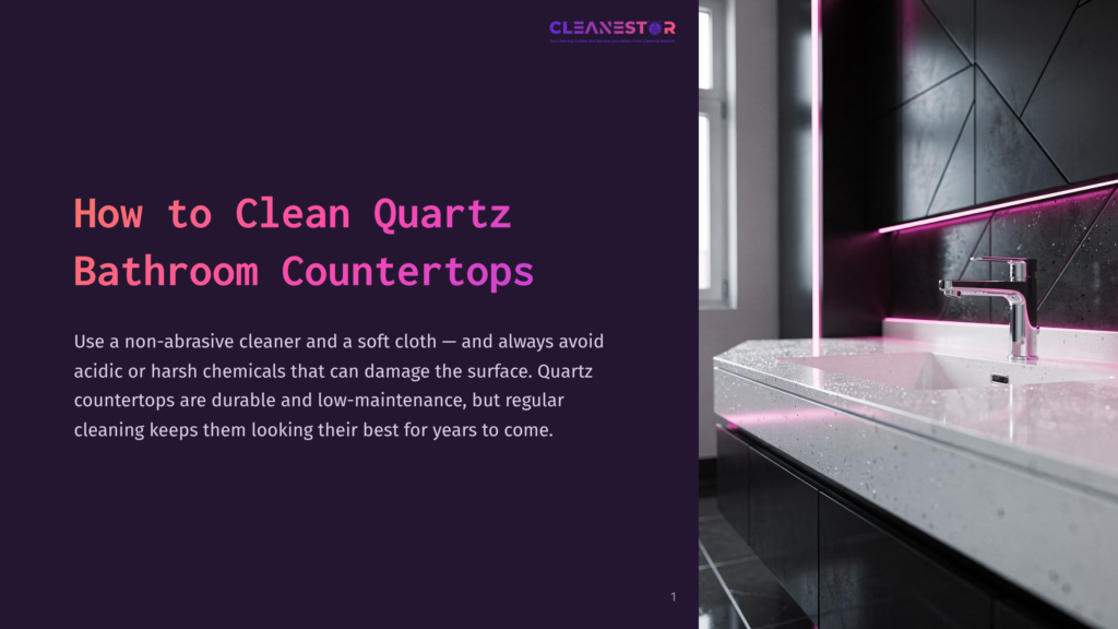 A Bright Quartz Bathroom Countertop With A Pink Accent Light, Alongside Dark Tiles And A Window, Showcasing Cleanliness And Modern Design.