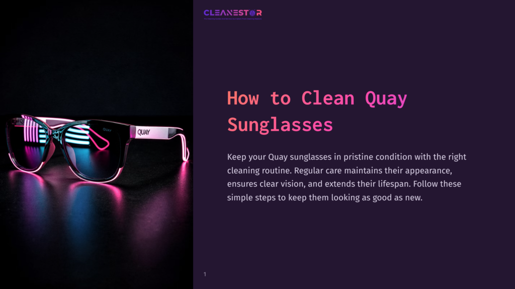 Close-Up Of Stylish Quay Sunglasses With Pink And Blue Neon Reflections On The Lenses, Resting On A Dark Surface. The Brand Name &Quot;Quay&Quot; Is Visible On The Frames.