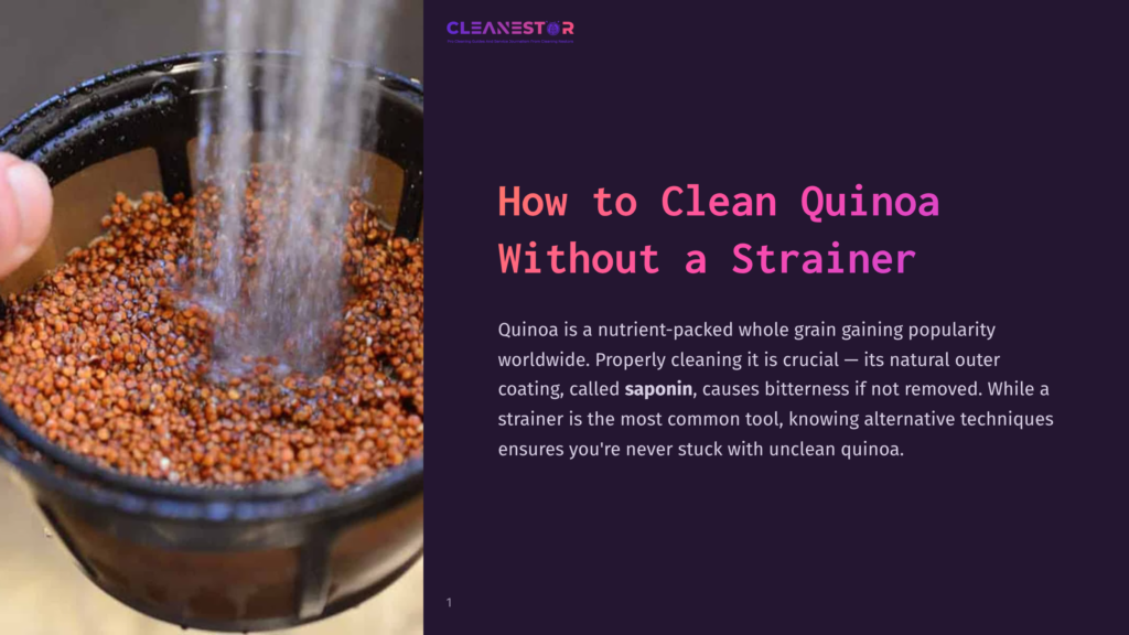A Close-Up Of Quinoa Grains In A Bowl With Water Being Poured Over Them, Demonstrating A Cleaning Process. Background Is Dark Purple.