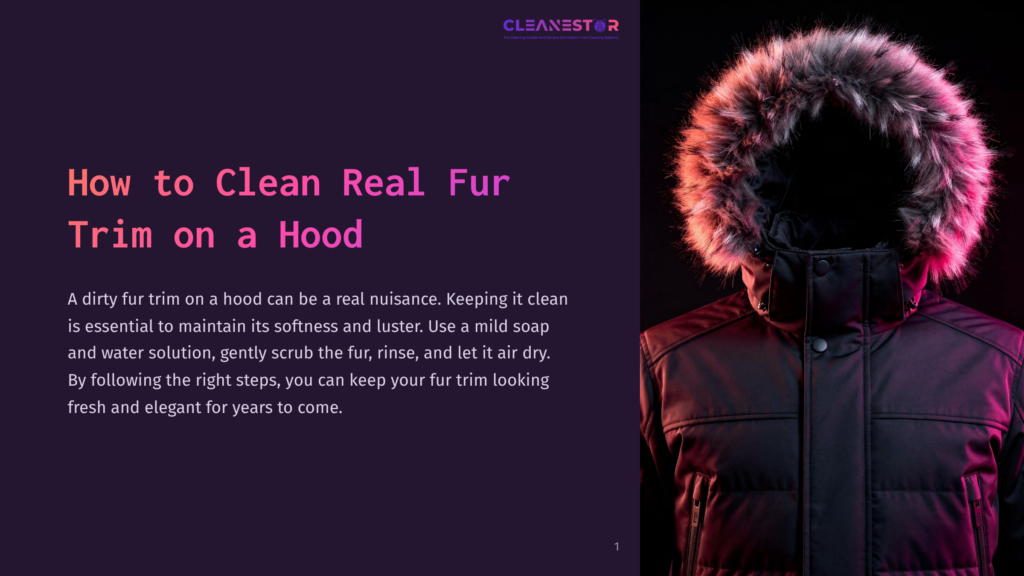 A Dark Jacket With A Hood Featuring A Fluffy Fur Trim, Set Against A Purple Background, Highlighting Cleaning Tips.