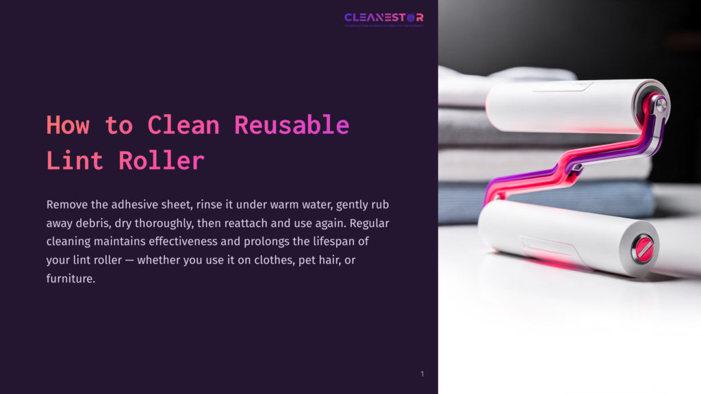 1 How To Clean Reusable Lint Roller A Reusable Lint Roller With A White Body And A Pink And Purple Curved Handle Sits On A White Surface Next To A Stack Of Folded Grey And Blue Towels. The Title &Quot;How To Clean Reusable Lint Roller&Quot; Is Visible On The Left.